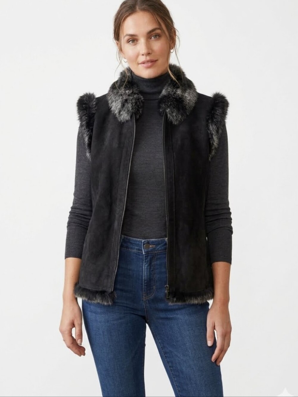 Revue Vest 100% Leather With Rabbit Fur Trim Black Size 8